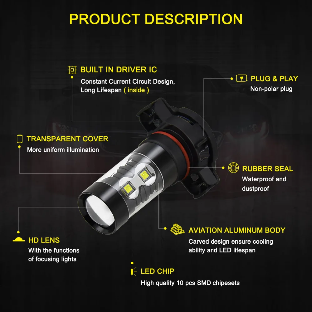 2 шт. PSX24W H16 H11 H8 H10 P13W H3 9006 HB4 светодиодный 50 Вт DRL проектор автомобильный противотуманный светильник для Subaru VW GMC Jeep Ford Dodge Toyota