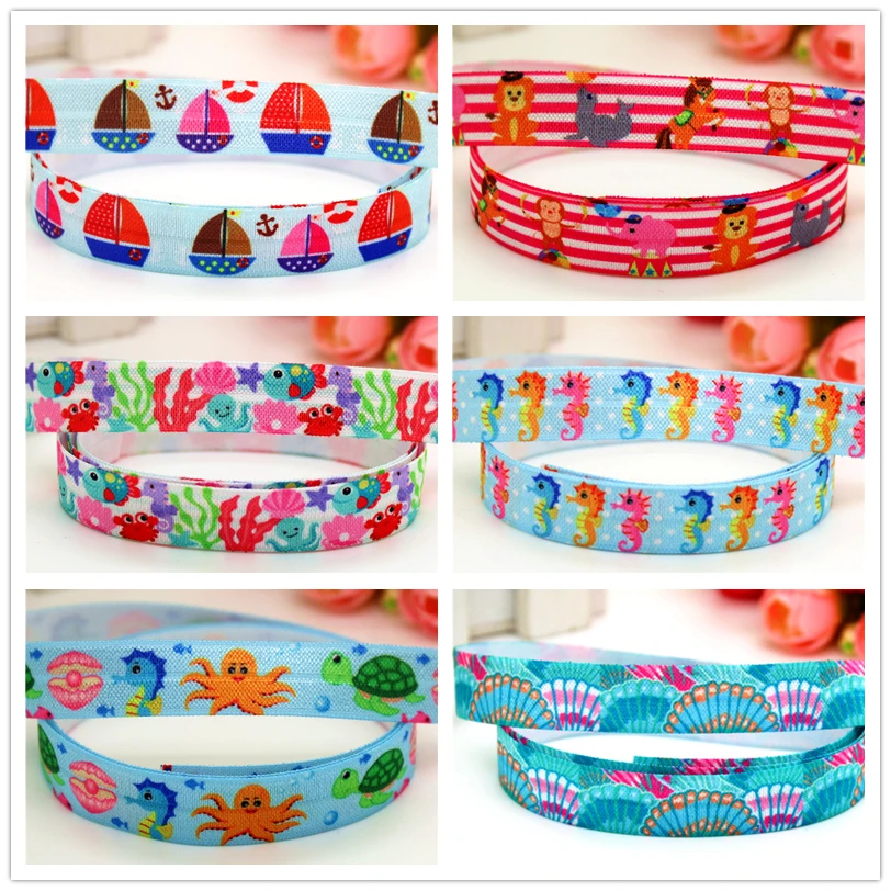 

DHK 5/8'' Free shipping sea horse boat animals circus shell printed Fold Elastic FOE headband headwear hairband decoration S595