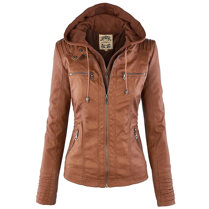 2016 font b Women s b font Faux Leather Jacket Long Sleeve Hat Removable font b