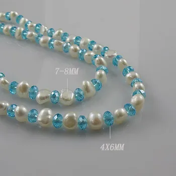 

Unique Pearls jewellery Store 120cm Long Pearl Jewelry 4mm Blue Crystal Bead 7-8mm Baroque White Color Freshwater Pearl Necklace