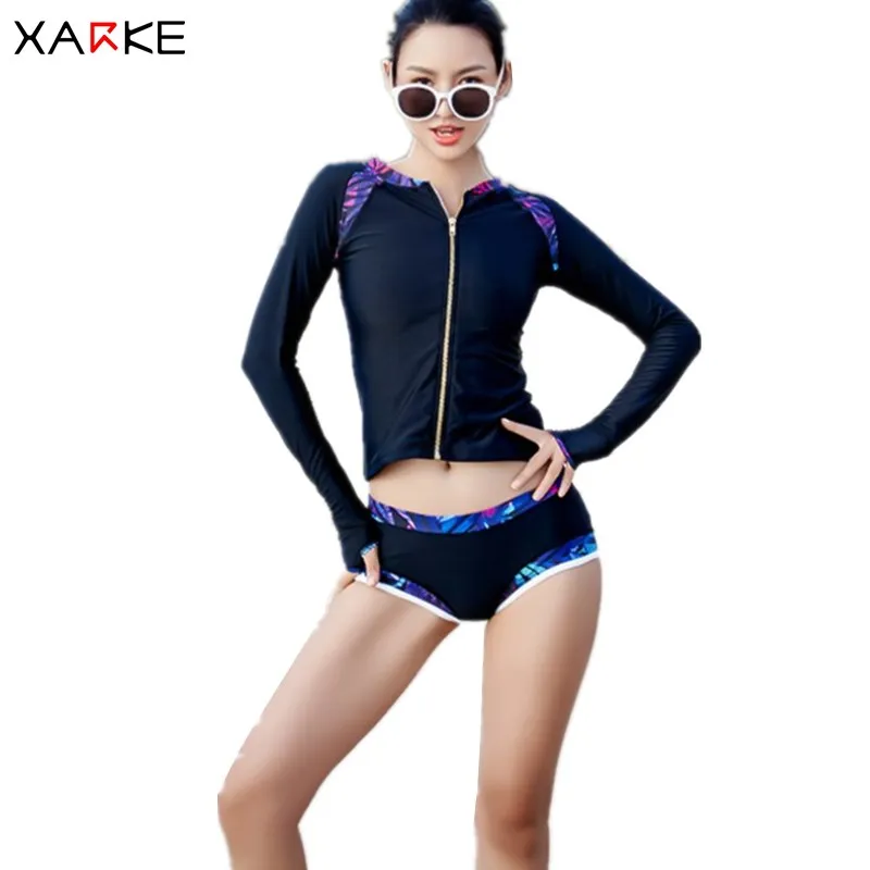 

XARKE 3 Pieces Long Sleeve Swimsuit Women Push Up Bikini Set Zipper Surfing Shirt Female Water Sports Swimwear Black Swim Suit