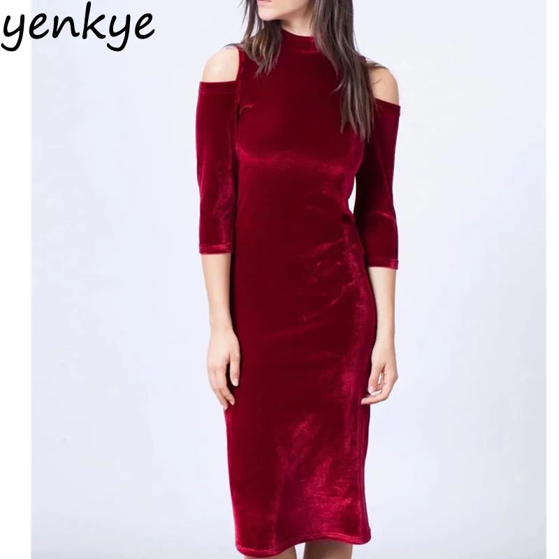 Women Sexy Shoulder Off Red Velvet Dresses Solid Color Turtleneck