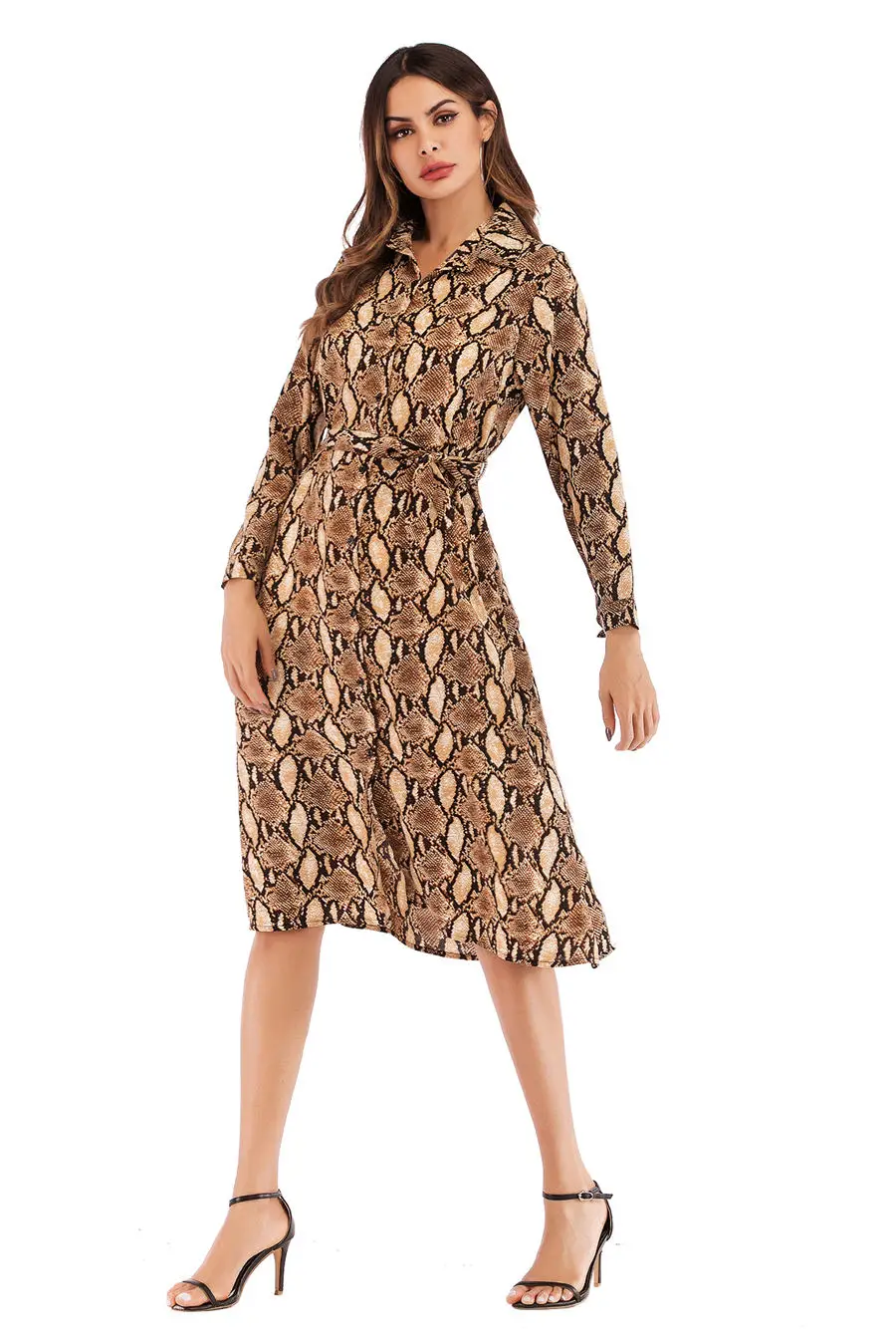 Gladiolus Chiffon Spring Dress Women 34 Sleeve Turn-Down Collar Leopard Print Belt Women Shirt Dress 2019 Autumn Sexy Dresses (32)