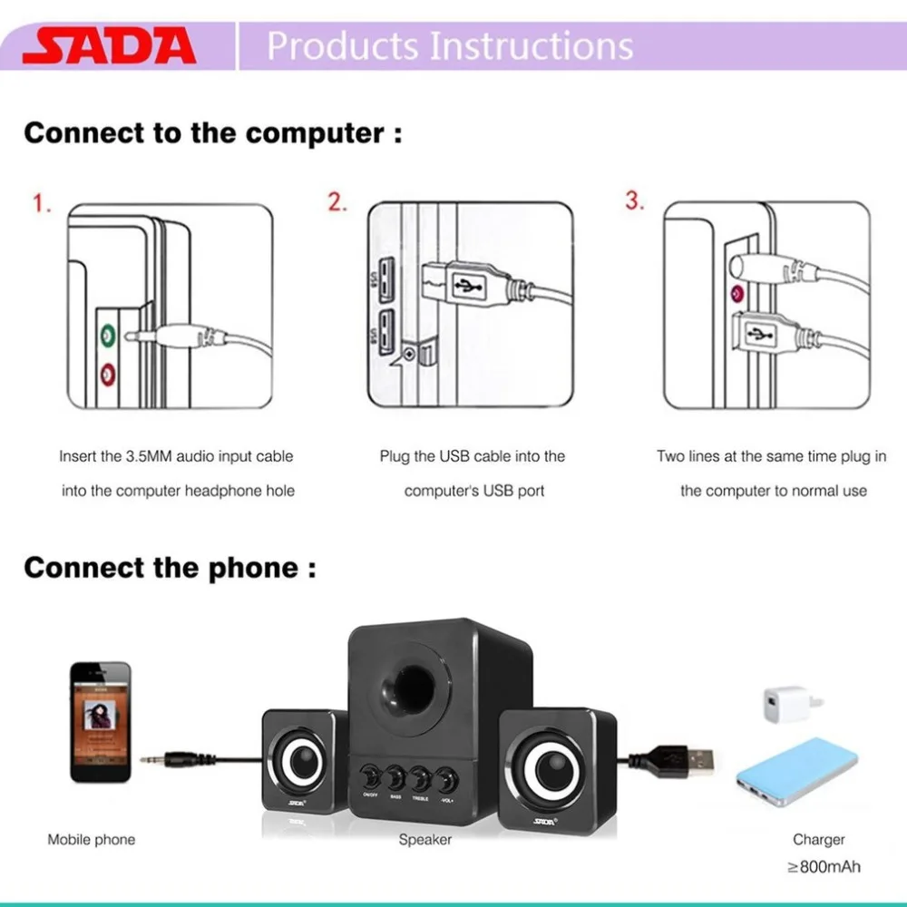SADA D-203 проводной мини портативный комбинированный динамик для ноутбука настольного компьютера