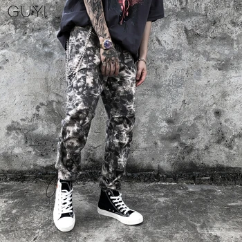 

GUYI Black White Camouflage Tactical Pant Men Drawstring Elastic Waist Rib Ankle Pant Male Sport Fashion Hip Hop Streetwear
