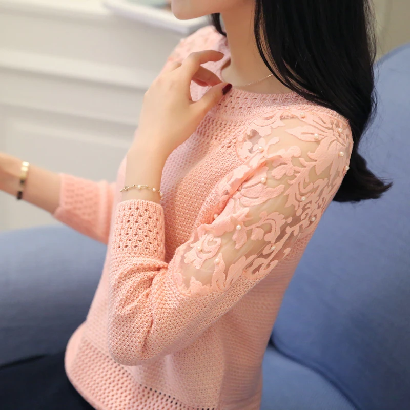 

Fashion Beading O-neck Women Sweater Elastic Knitted Full Sleeve Lace Patchwork Pullover Feminino Soft Femme Spring Jumper