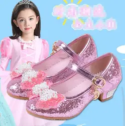 Детская блестящая обувь принцессы танцевальная обувь для девочек вечерние туфли на высоком квадратном каблуке Размеры 26-37, 4 цвета, TX01