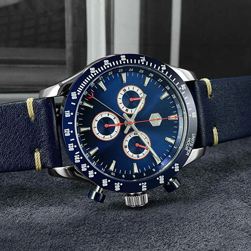 San Martin, новые винтажные кварцевые часы из нержавеющей стали, часы с хронографом, керамический ободок, Швейцарский механизм, высококачественные часы, наручные часы - Цвет: blue