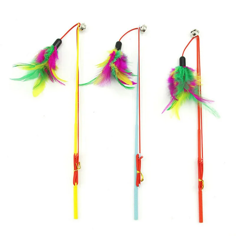 

Colorful Wire Feather Cat Toys On A Rod Belling Colorful Feather Teaser Play Pet Dangler Cat Feather Wand Toys