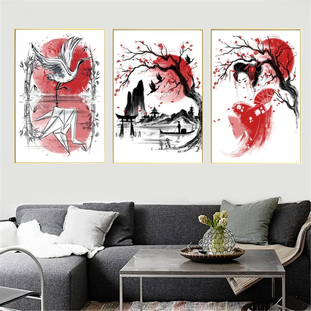 

Japan Geisha crane Art Canvas Poster Home Decor Picture for Living Room