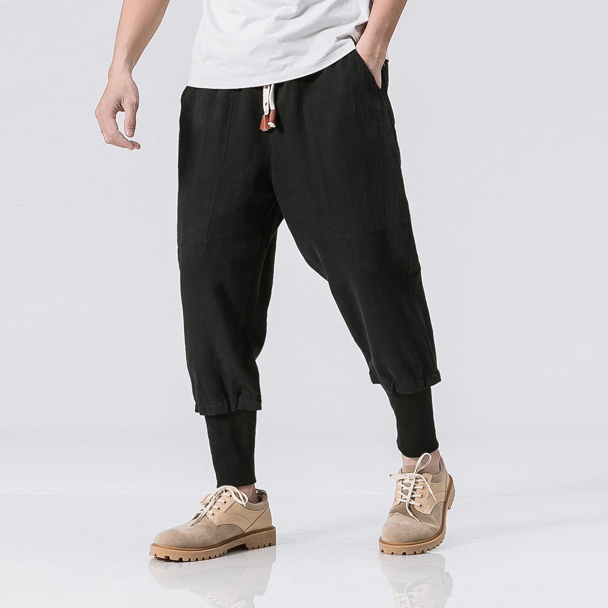 Male Fashion Casual Pants.jogger Sweatpants Men Cotton Linen Loose Harem Trousers Plus Sizein