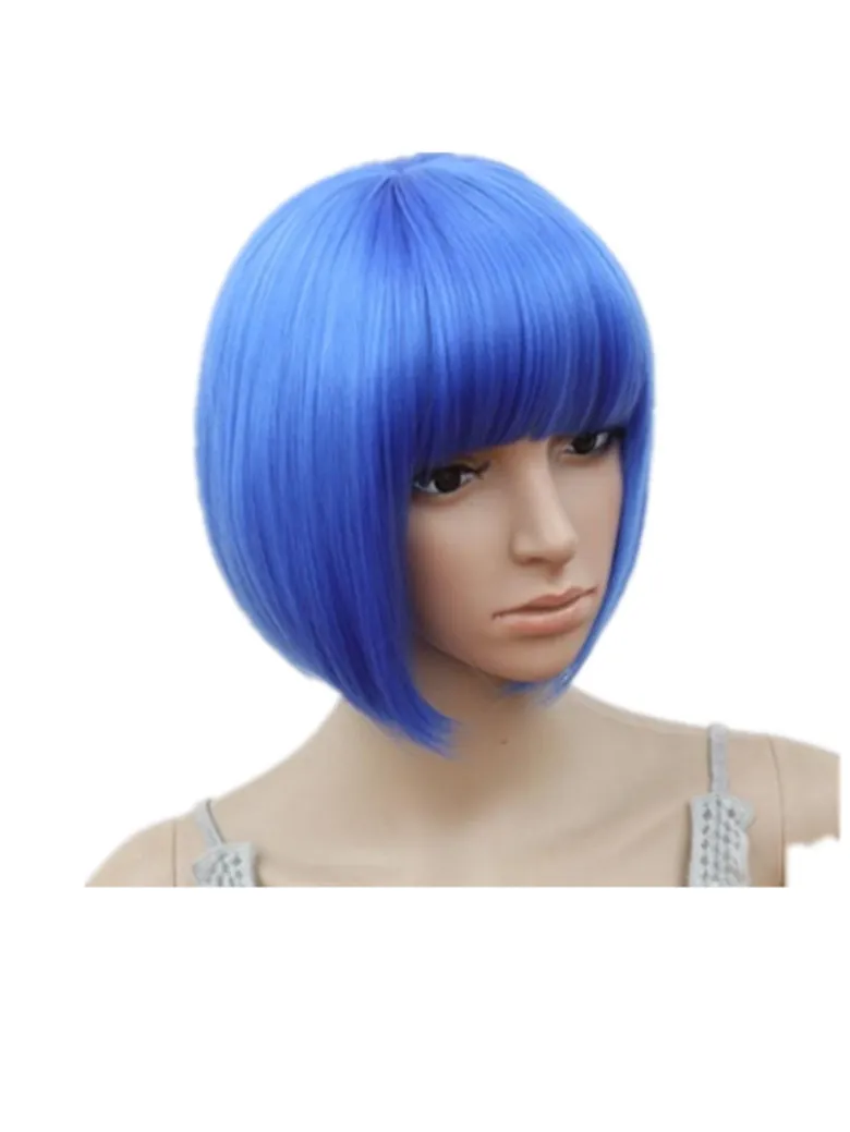 

Fei-Show Short Wavy Wig Flat Bangs Bob Blue Hair Synthetic Heat Resistant Fiber Carnival Party Salon Costume Cos-play Hairpiece