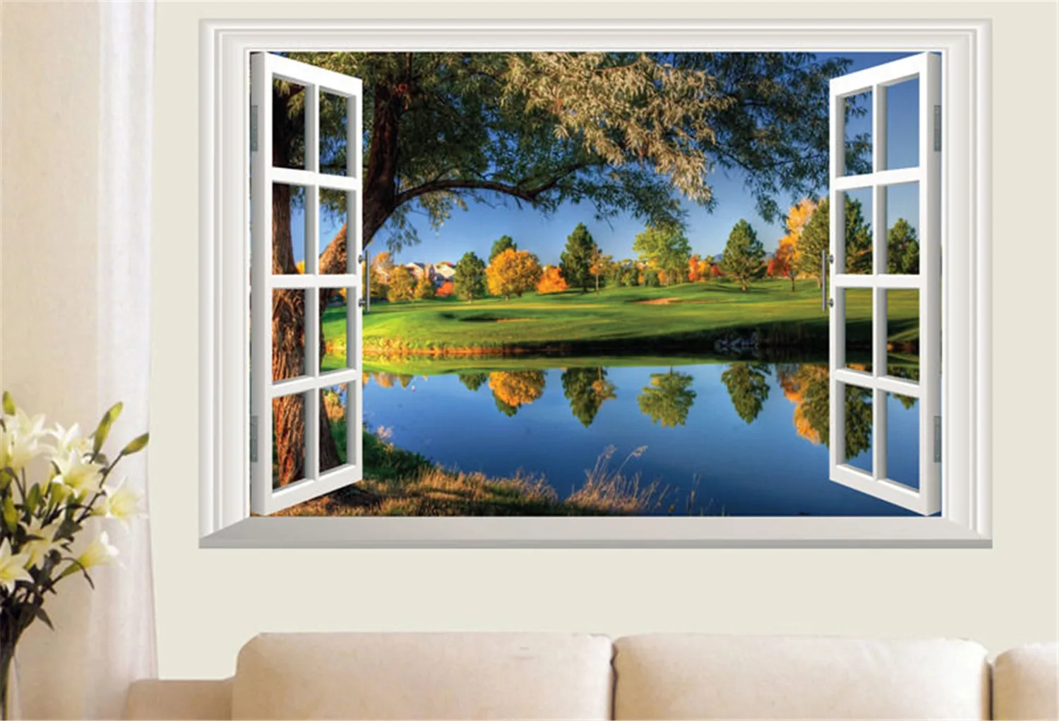 New And Fashion Classic Wall Stickers Scenery natural Lake 3D Window
