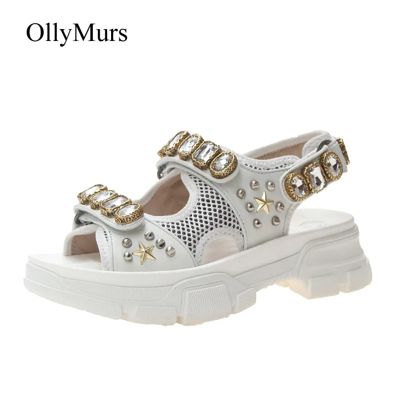 

Crystal Shoes Women Chunky Sandals Platform sandalias mujer 2019 Summer New Rhinestone Lady White footware Retro Beach sandalia