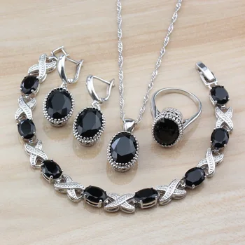 

Impresive Oval Black Cubic Zirconia Jewelry Sets Silver Color Women Young Costume Earrings/Necklace/Bracelet And Ring Sets