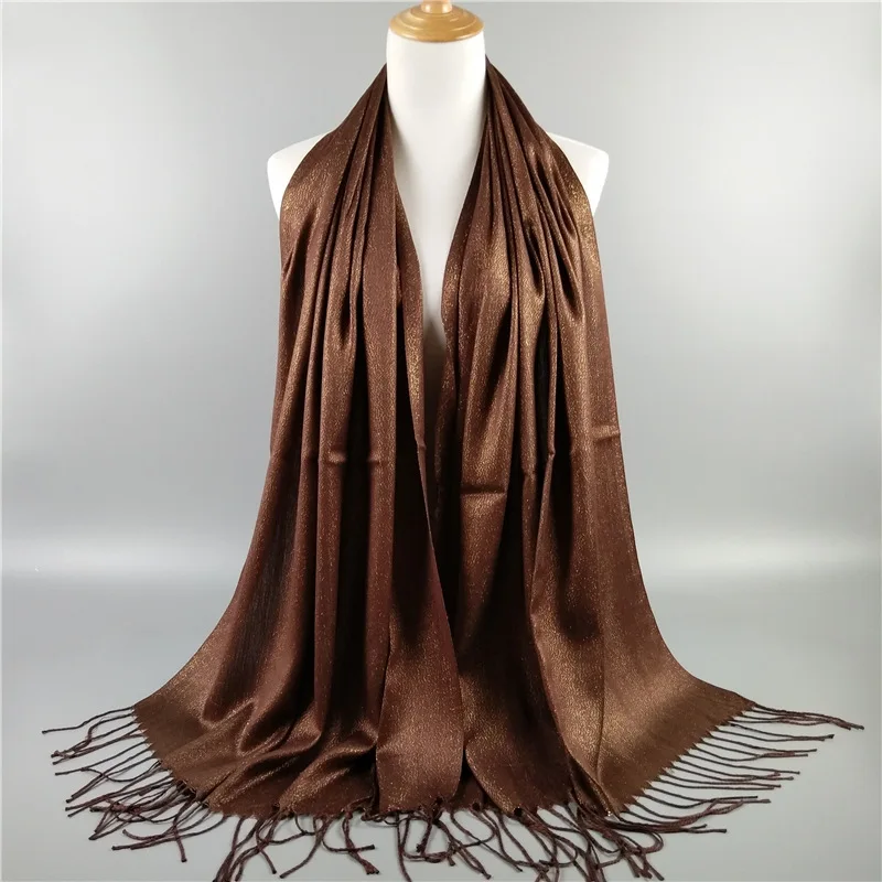 Изысканная кисточка Блестящий люрекс мусульманский хиджаб женский шарф простой хлопок длинная шаль Малайзия головной платок Underscarf