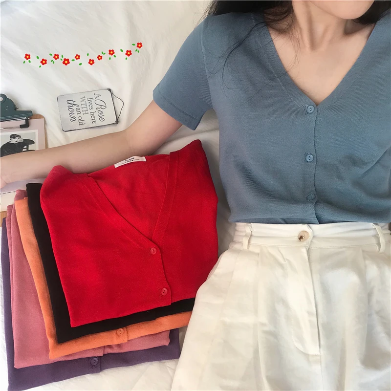 

women summer Chic V-collar Short-sleeve Knitted t Shirt Female girls Thin ice silk Pure Color Simple Single breasted t-shirt Top