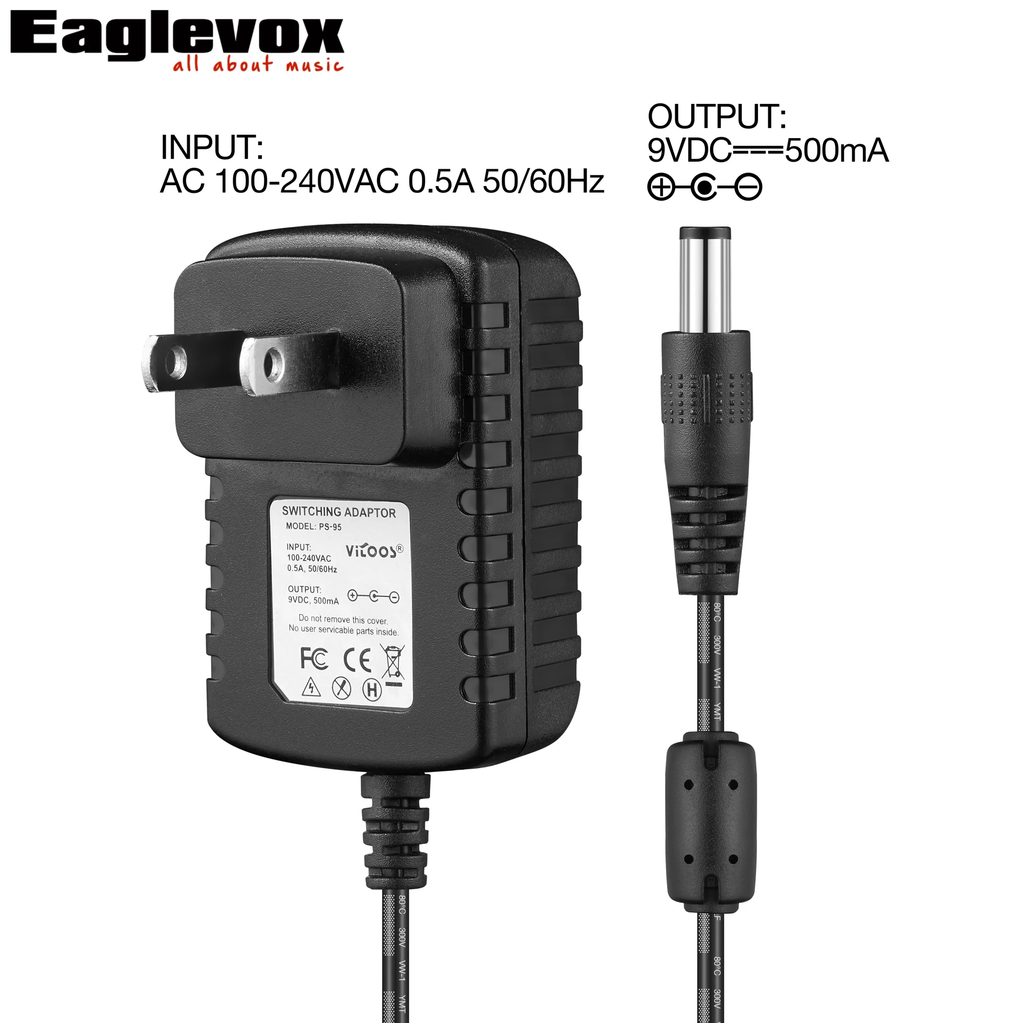 

9V 500mA DC Power Adapter Negative Center Power Line with Magnetic US Plug A Type CE CFF Marking 100-240V Converter Power Supply