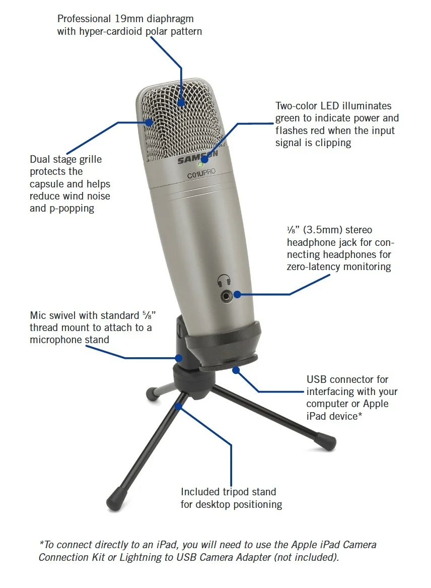 Usb студийный конденсатор Supercardiod Samson C01u Pro микрофон с подставкой для штатива и Ps01 Mic