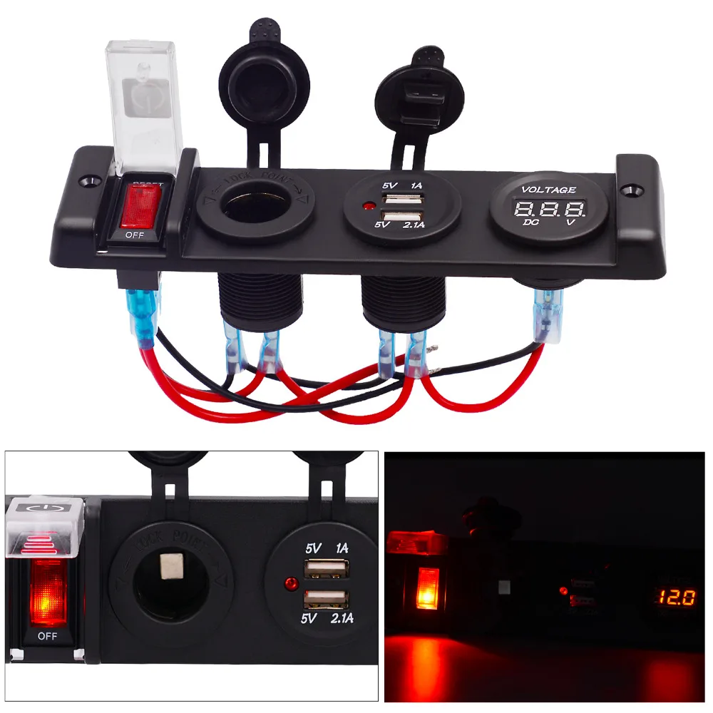 

12V 16A Dual USB Auto Car Charger Adapter Four Bit Power Control Switch Panel with Voltmeter Cigarette Lighter Socket Splitter