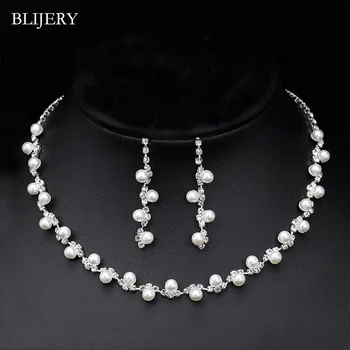 

BLIJERY Fashion Simulated Pearl Bridal Jewelry Sets Rhinestone Choker Necklace Earrings African Wedding Jewelry Sets for Women