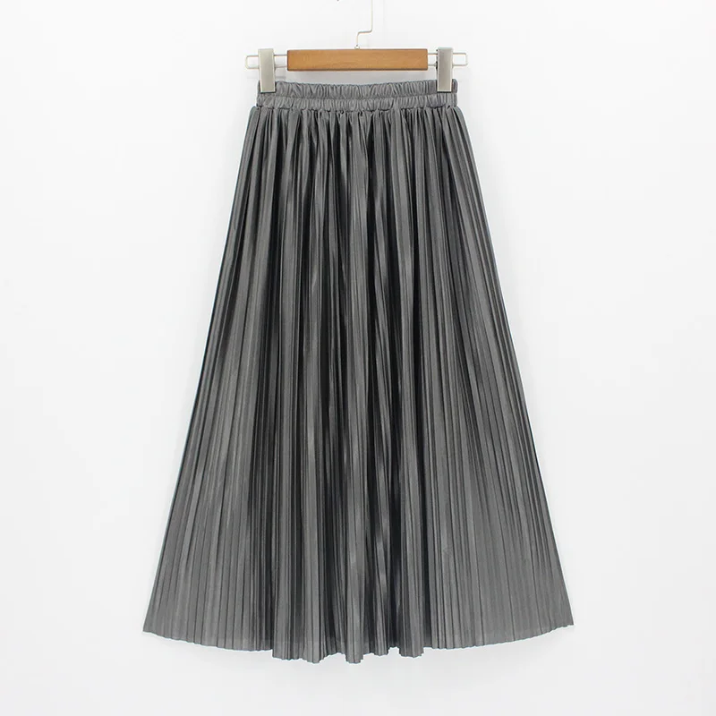 

2018 New Women High Waist Pleated Maxi Skirt Fashion Bling Metallic Silk Korean Tutu Skirt Elastic Plus Size Long Skirts Saia