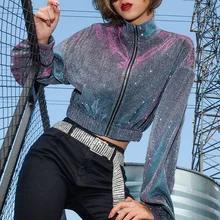 2019 Chic Women Glitter Short Jacket Shinny Front Zipper Turtleneck Korean Sliver Jacket Long Sleeve Crop Top Female Coats