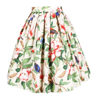 

50s Vintage Skirt the Peony with Bird European and American Style Polyester Stain Skirt with Pockets
