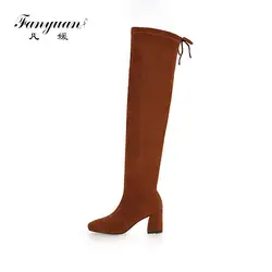 Fanyuan/ботфорты на высоком каблуке, пикантные облегающие сапоги до бедра на шнуровке, зимняя женская обувь, повседневные модные однотонные