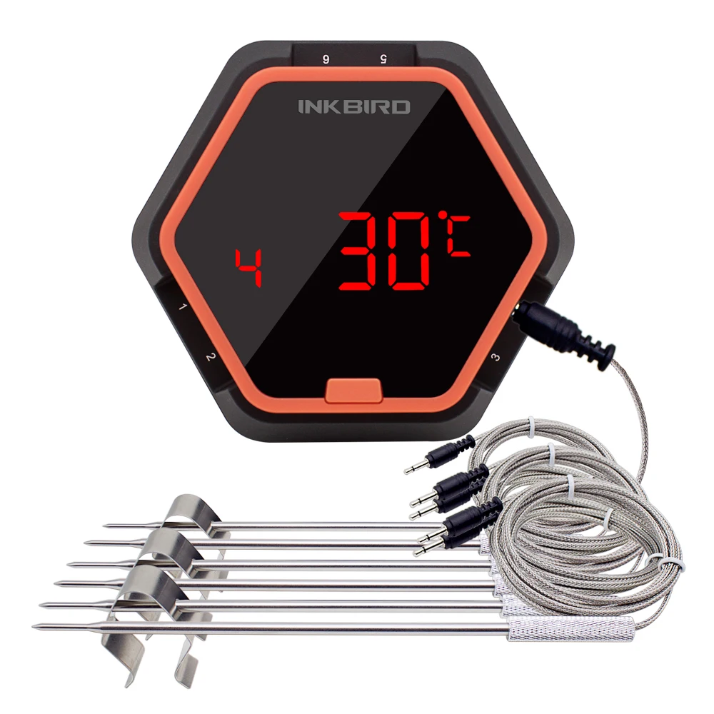 

Hot CN DE STOCK ORANGE IBT-6X LED Display C/F Digital Wireless Bluetooth Cooking Oven BBQ Grilling Thermometer With SIX Probe