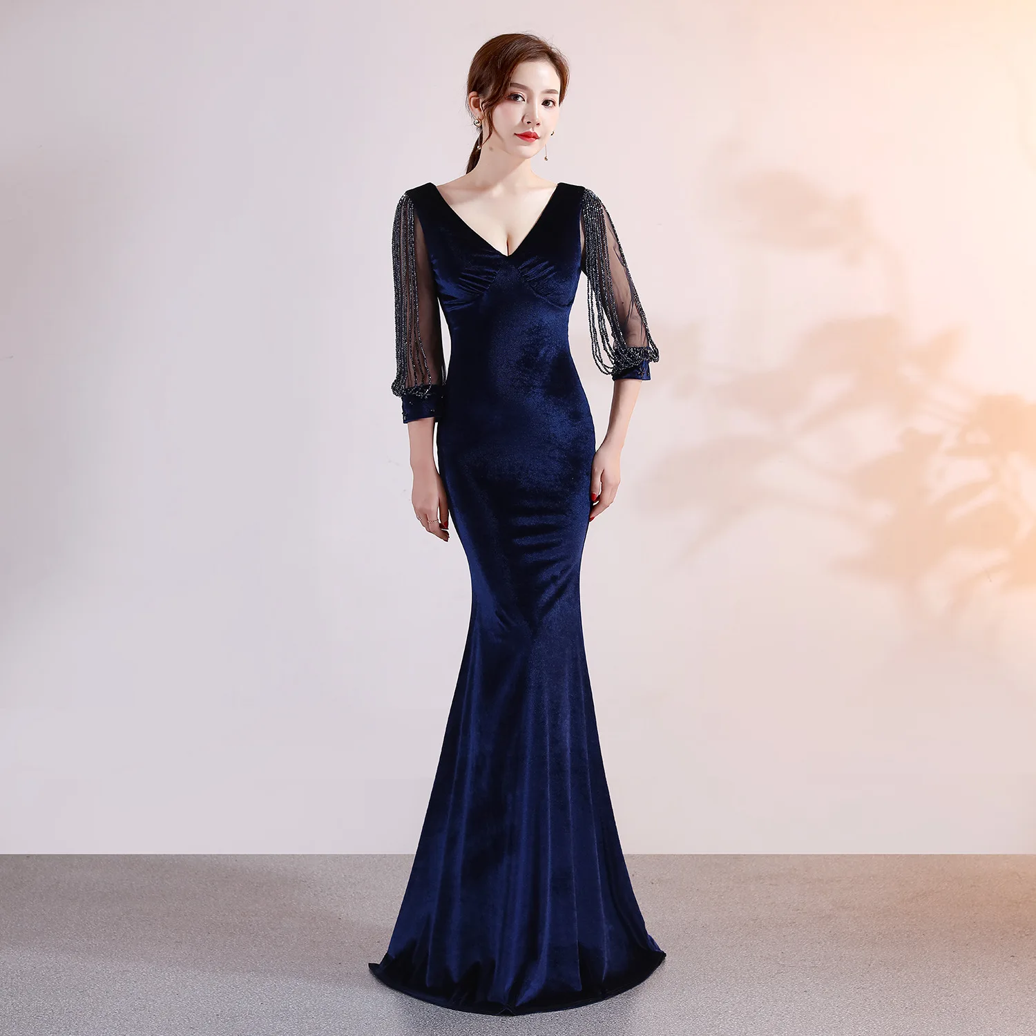 

Blue Velvet With Crystal Beads Three Quarter Sleeves V Neck Formal Dresses Woman Party Night Club Wear Elegant Dress