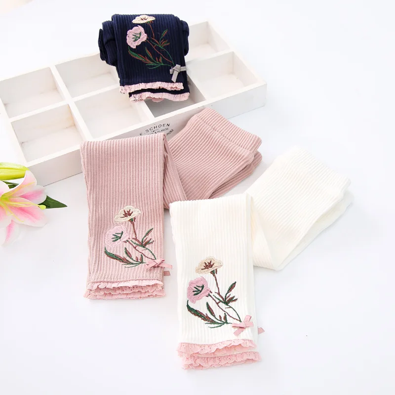 Fashion Girls Leggings Ruffles Lace Cotton Leggings For Girls Solid Embroidery Baby Pants Flower Bow Legging Baby Girl Clothing  (10)