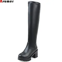 ASUMER/ горячая распродажа; Новое поступление; зимние женские сапоги; женские сапоги с круглым носком на квадратном каблуке; сапоги до колена на платформе; Цвет черный, белый
