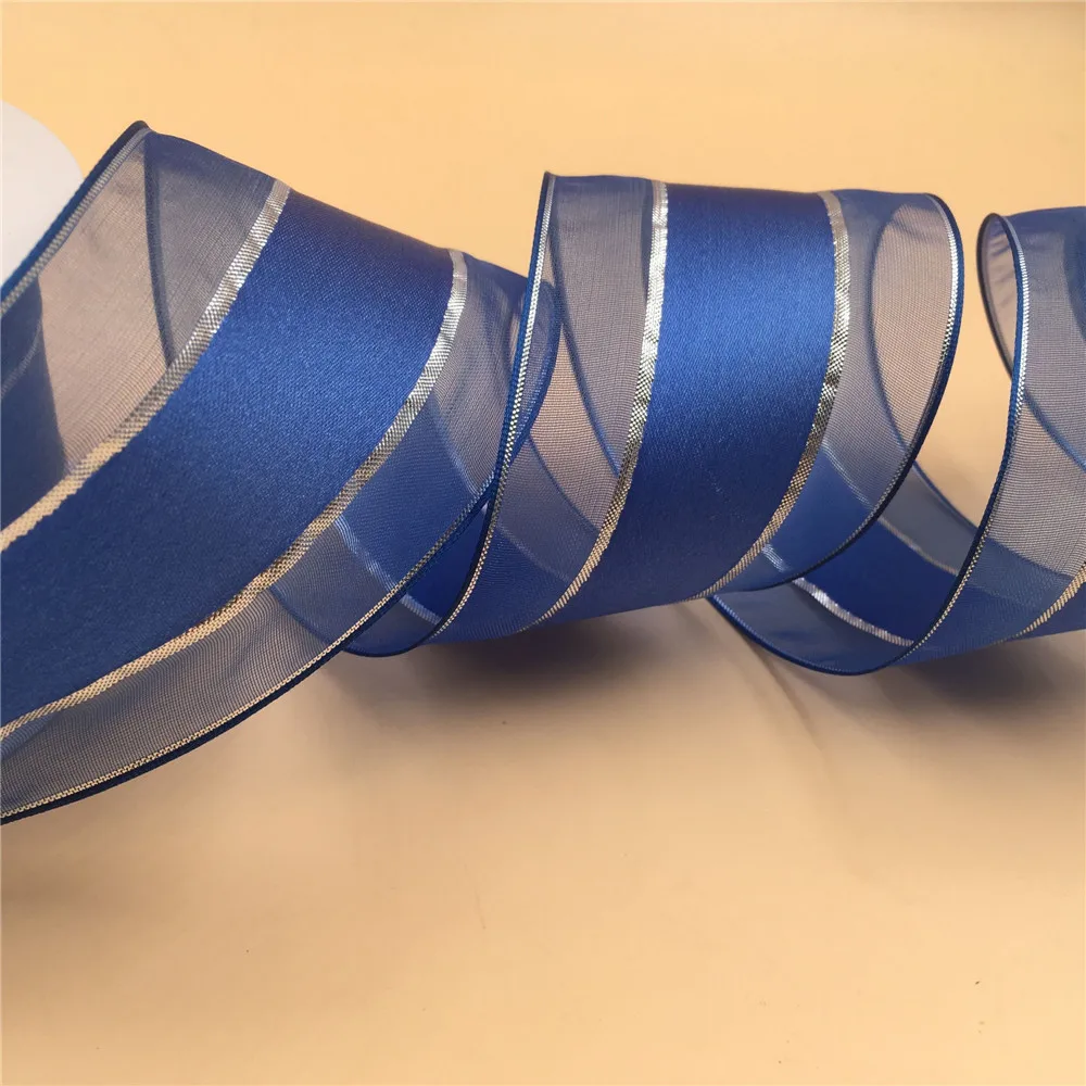 

N1061 63mm X 25yards Wired Silver Lurex Lines Organza Edges Blue Satin Ribbon. Gift Bow,Wedding,Cake Wrap,Tree Decoration,Wreath