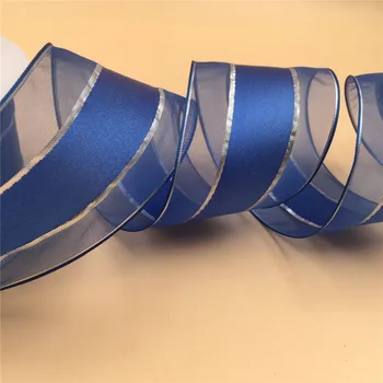 

N1061 63mm X 25yards Wired Silver Lurex Lines Organza For Edges Blue Ribbon. Gift Bow,wedding,cake Wrap,tree Decoration,wreath
