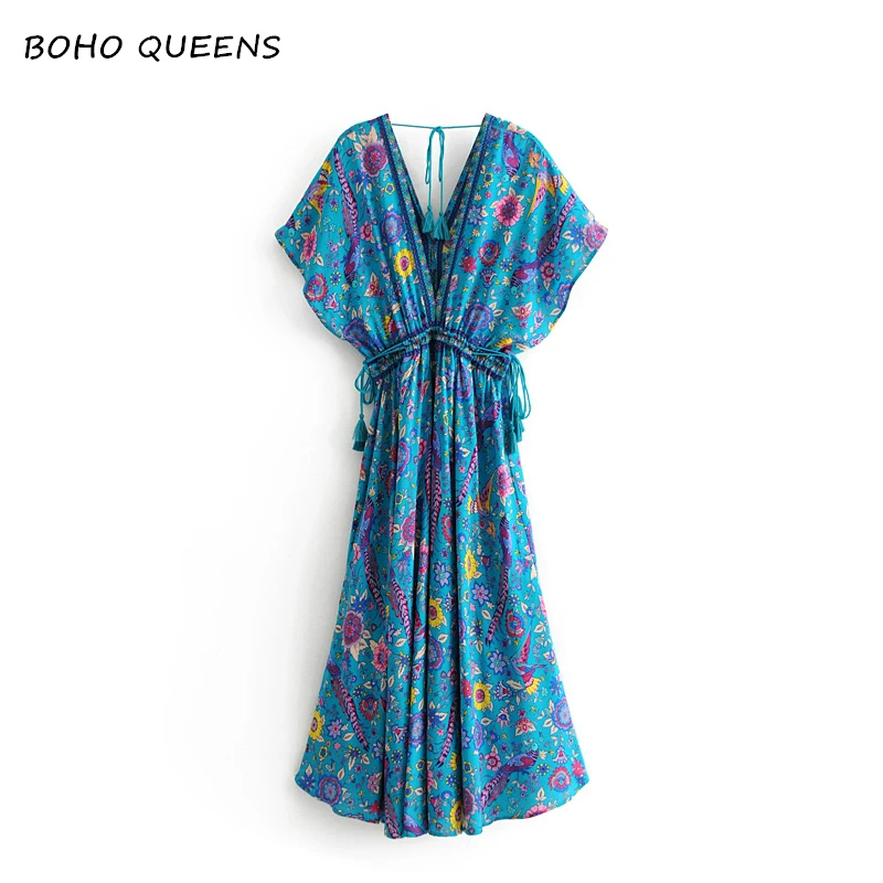 

Boho chic women fashion Green peacock print V-neck rayon dress beach long Bohemian Ladies Tassel lace-up Summer Boho Maxi dress