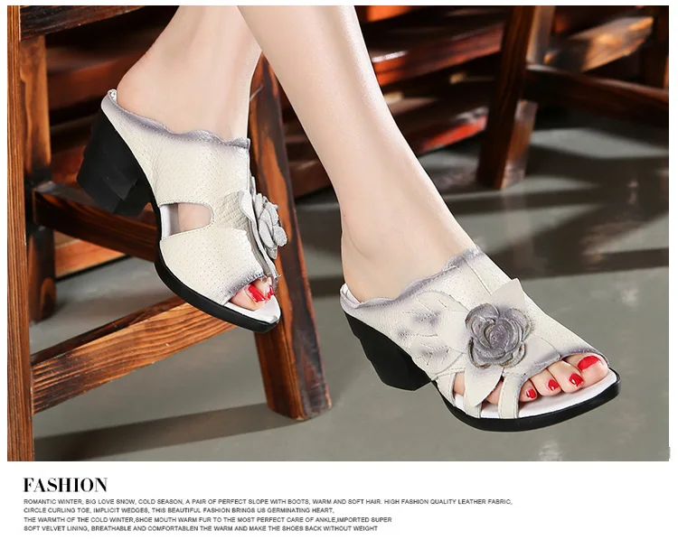 GKTINOO/тапочки с цветочным принтом; Летняя обувь из натуральной кожи; шлепанцы ручной работы с открытым носком на высоком каблуке; женские шлепанцы