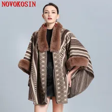 SC297 2019 Winter Plus Size Knitted Short Sleeves Striped Poncho Print Fur Collar Shawl Women Faux Fox Fur Loose Cardigan Coat SC297 2019 Winter Plus Size Knitted Short Sleeves Striped Poncho Print Fur Collar Shawl Women Faux Fox Fur Loose Cardigan Coat