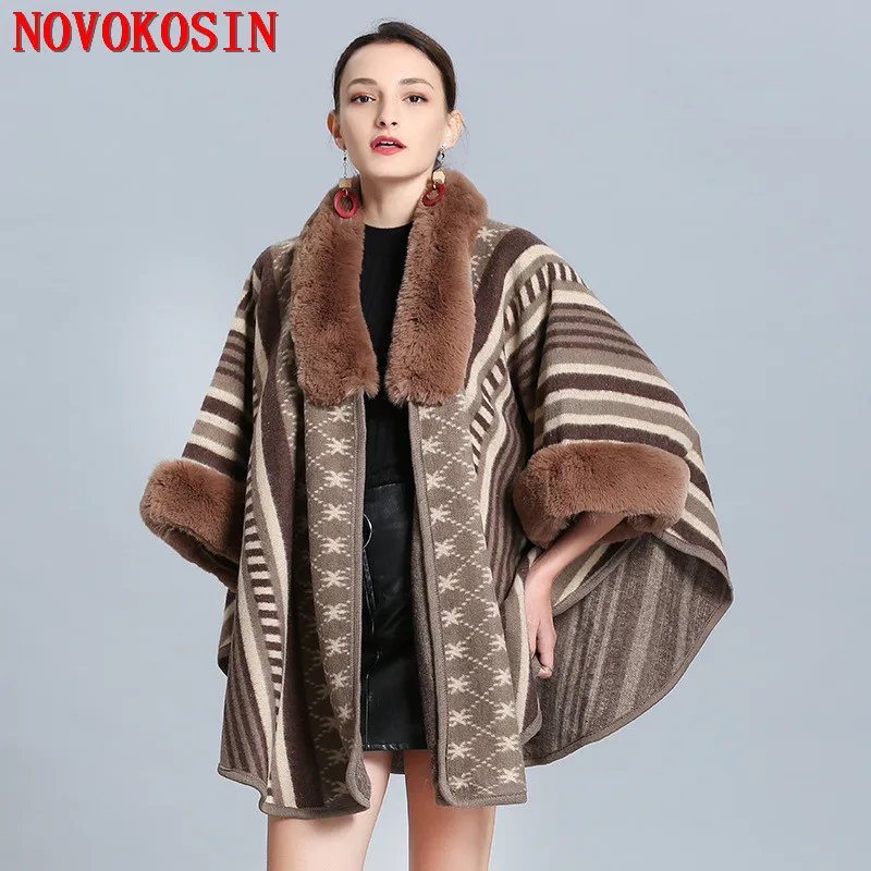 SC297 2019 зимнее искусственное Трикотажное пончо с коротким рукавом в полоску