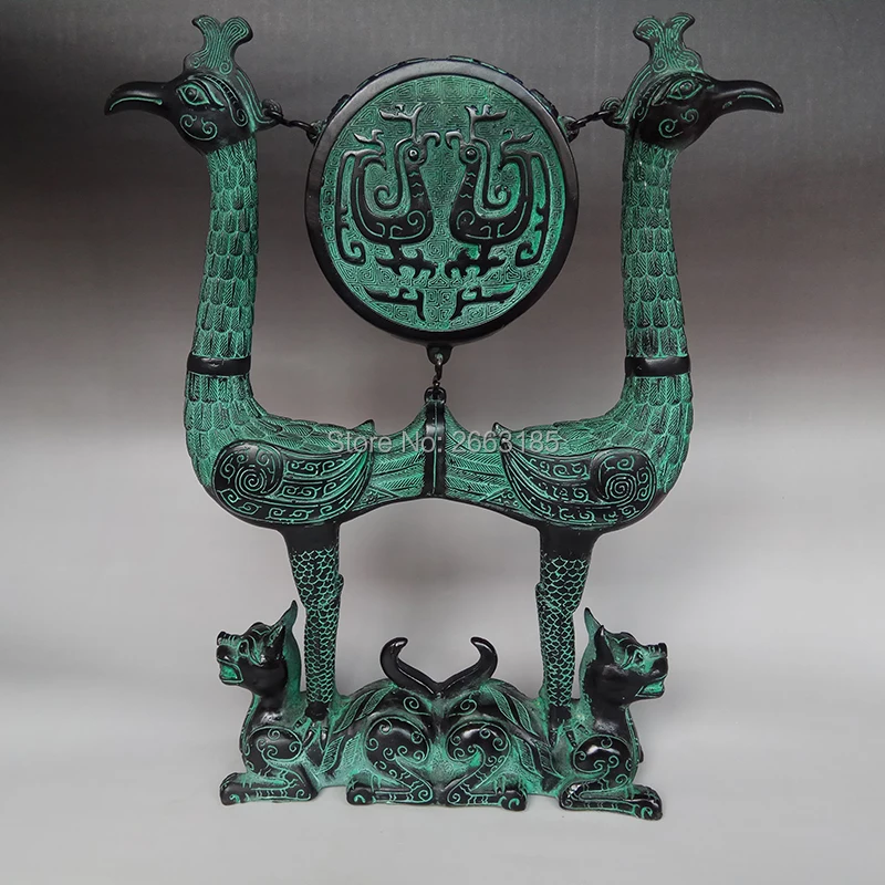 

dleisea Free shipping Chinese Antique Bronze Imitation Double Bird Drum Tiger Stand phoenix Mascot Home Decoration Family Craft