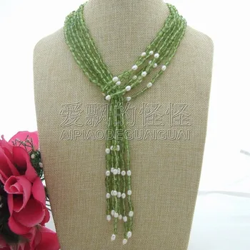 

N052507 50'' Long Natural 3Strands White Pearl Green Peridot Necklace
