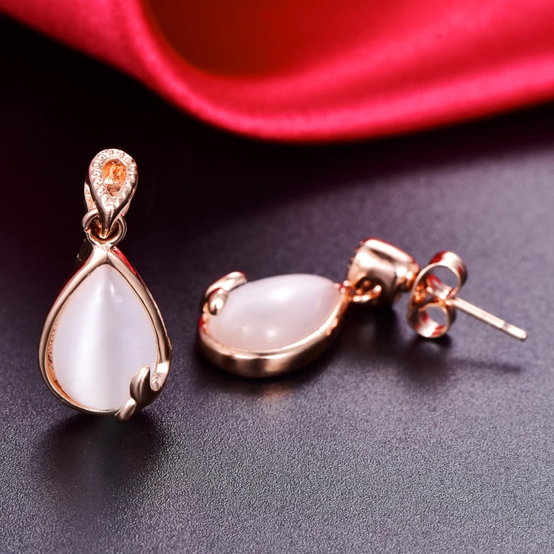 MOONROCY Free Shipping Austrian Crystal Rose Gold Color Opal Jewelry Set Waterdrop Necklace and Earring for Women Girls|necklace earrings|opal