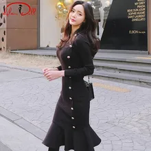 2020 suéter de punto de invierno negro Vintage hasta la rodilla cola de pez mujeres de tela Bodycon con botón vestidos Sexy