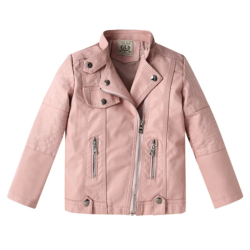 Детские кожаные куртки; коллекция года; сезон весна-осень; куртка с воротником из искусственной кожи для девочек; модные корейские пальто на молнии для детей - Цвет: pink