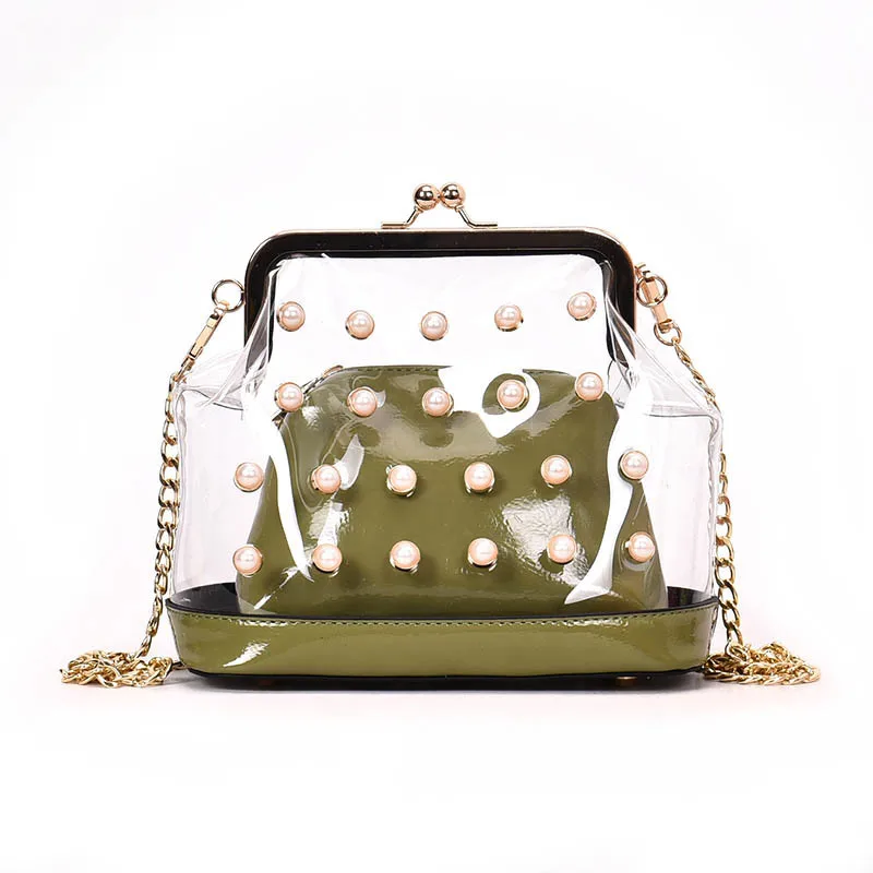 fashion clear pearl plastic handbags women messenger bag for girls