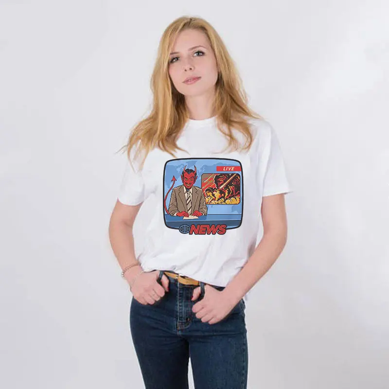 

Funny Vintage Tshirt 80s 90s Korean Style Clothes Kpop Devil News Live Printed T-shirt O-neck Short Sleeve Female T-shirt