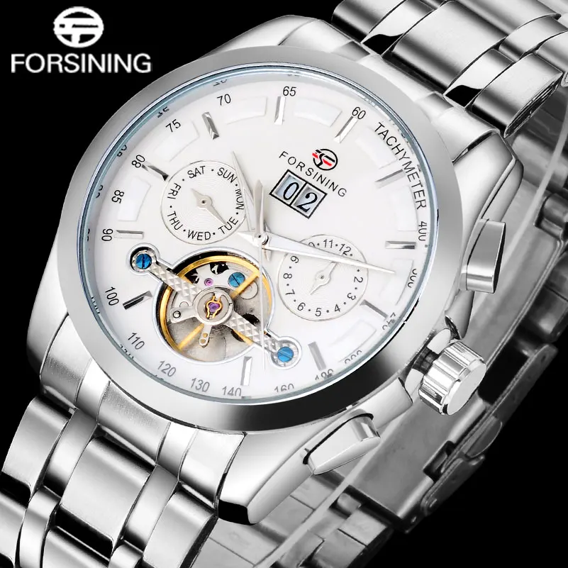 

FORSINING Men Sports Mechanical Watch Men's Stailess Steel Tourbillon Automatic Watches Relogio Masculino Date Week Month Dial