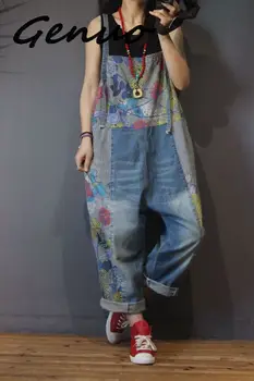 

Genuo Spring Autumn Jumpsuits Loose Large size Women Retro Denim Rompers New Female Casual Print pocket Spliced Overalls 2019