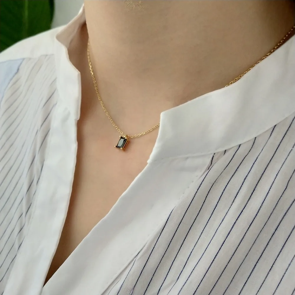 Small Cute Authentic 925 Sterling silver black zircon square Geometric pendants necklace simple trendy design wild necklace C-B3