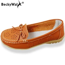 BeckyWalk/натуральная женская кожаная обувь летние Женские туфли-лодочки вырез женская обувь мокасины Весна с бантиком слипоны балетки на плоской подошве WSH2771